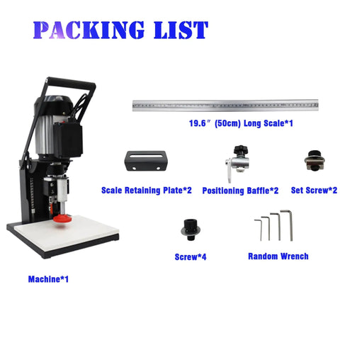Packing list for Portable Electric Hinge Boring Insertion Machine For Woodworking with accessories and tools.