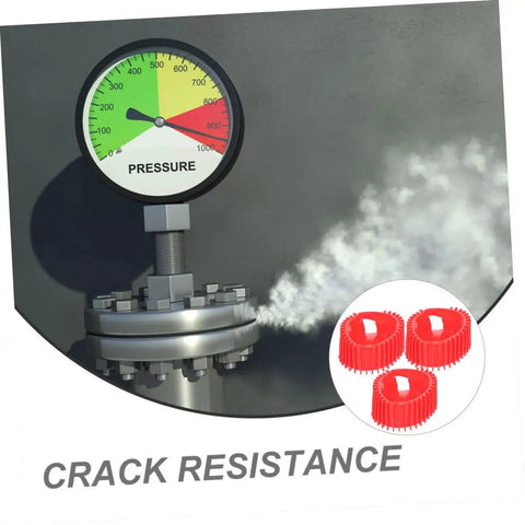 Front view of a pressure gauge on a bolted flange with red silicone gauge protector boots (set of 5)