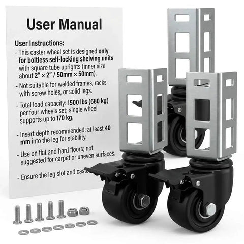 3 Inch PU Caster Wheels For 2x2 Boltless Shelving Racks Four Pack Heavy Duty Mobility Set With 1500 Lb Total Load shown with installation kit and manual