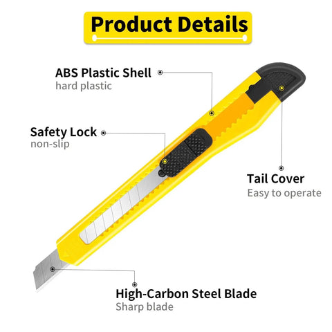 Detail of 9mm wide box cutter showing ABS plastic shell, safety lock, tail cover, and high-carbon steel blade. 8 Pack 9mm Wide Box Cutters Retractable Utility Knives for Office and Craft.