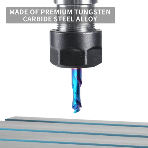 Up Down Spiral Router Bit Pro Grade With Half Inch Shank And Half Inch Cutting Diameter Nano Blue Coated Solid Carbide End Mill For Wood Carving And Engraving CNC Milling Extra Long Four Inch Overall Length For Clean Edges showing close-up of the bit in a CNC machine.
