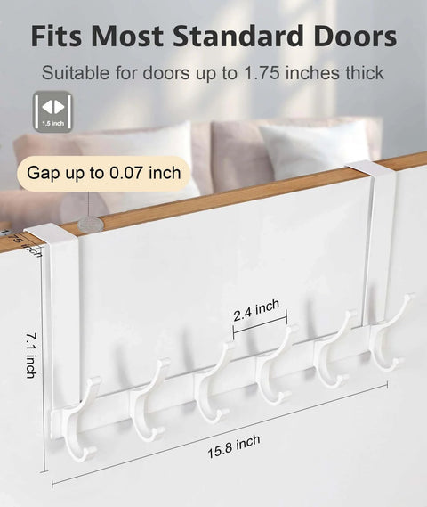 Over-door hanger with 6 hooks, fits 1.75-inch thick doors, measures 15.8 inches wide and 7.1 inches tall, shown on wooden door.