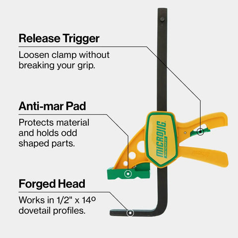 Grr-rip Clamp 4-Pack For Dovetail Grooves, One-Handed Squeeze Action Clamp, yellow, features labels for trigger, pad, head.