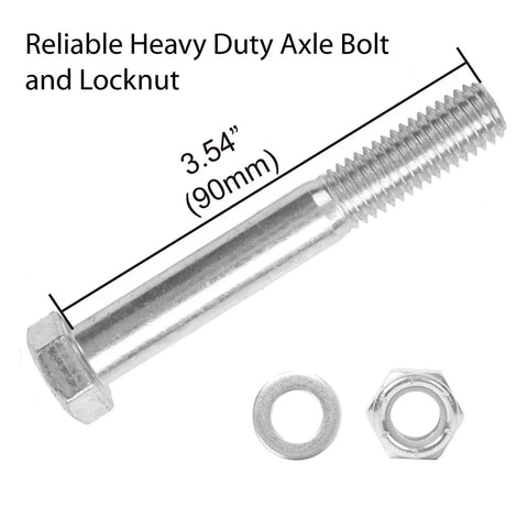 Heavy duty axle bolt and locknut set, 3.54 inches (90mm) with washer, shown on white background with dimensions.