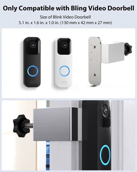 No Drill Anti Theft Doorbell Mount for Blink Video Doorbell shown with mounting bracket for inward opening doors.