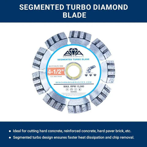 Segmented turbo diamond blade for cutting hard concrete and brick, 4-1/2 inch, displayed on a blue background.