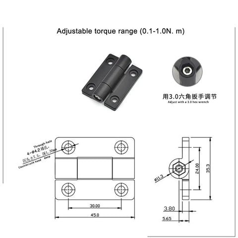 Torque hinge, black zinc-alloy, adjustable, 35.3×45 mm, 1 piece, through-hole mounting