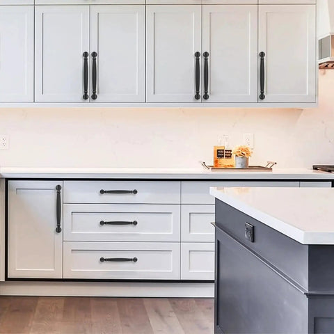 18 Inch Matte Black Appliance Pull Cabinet Hardware Solid Heavy Duty Kitchen Cabinet Pulls for Cupboards and Drawers installed on modern white cabinets