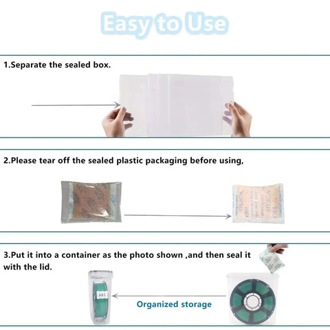 Instruction steps for using the Four Pack Filament Storage Boxes For 3D Printing With Built In Desiccant Label Kit And Moisture Protection