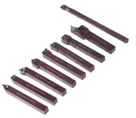 Nine Piece Three Eighths Inch Shank Pro Grade Indexable Carbide Turning Tool And Boring Bar Set With Ten Extra Carbide Inserts