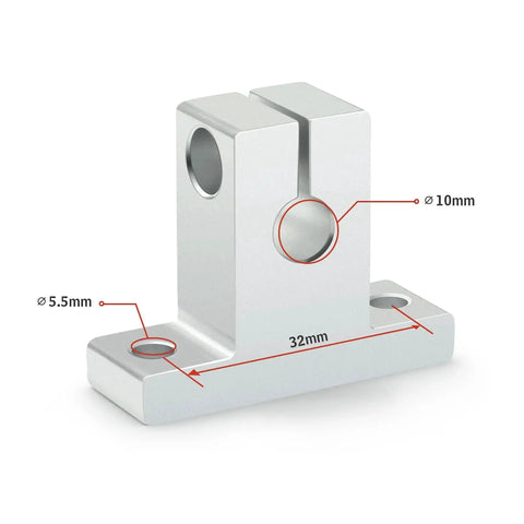 Close-up of SK10 aluminum support guide from an Aluminum Linear Rod Rail Shaft Support Guide Kit for 10mm Shaft, 4 Pack.