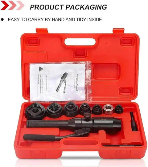 Hydraulic Knockout Punch Kit Pro Grade for Electrical Boxes and Metal Sheets in red carrying case with 6 dies, tools visible.