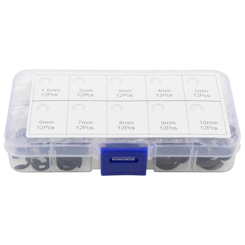 Transparent box of Must Have E Clip Kit 120Pcs External Circlips Snap Rings Set 1.5mm To 10mm Ten Sizes for bearings and gears.