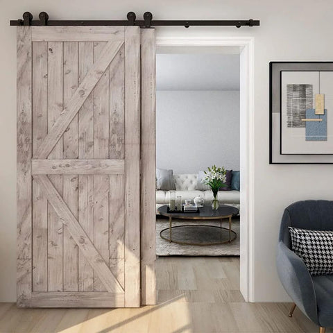 5.5 Foot Bypass Barn Door Hardware Kit For 33 Inch Double Doors, wood doors installed with T shape hangers in living room