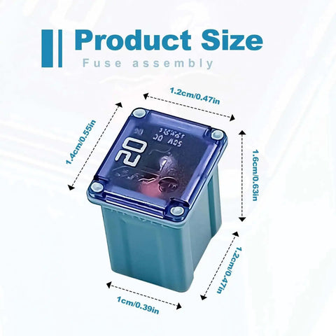 Auto Fuse Kit 10 Piece Pack 20A 30A 40A 50A 60A Box Fuses Tall Standard And Low Profile Product Size Measurement Display