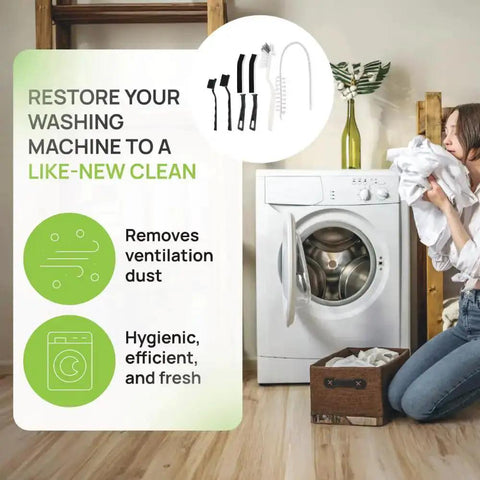 All In One Washing Machine And Dryer Vent Cleaning Kit With Long Handle Brushes shown in front of a washing machine with text details.