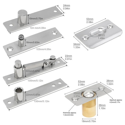 Heavy Duty Stainless Steel Pivot Hinge Set For Secret Doors Swing Doors And Wood Doors With Ball Catch 360 Degree Rotation Built To Last Door Hardware For DIY Home Improvement, close-up of hinge components with dimensions