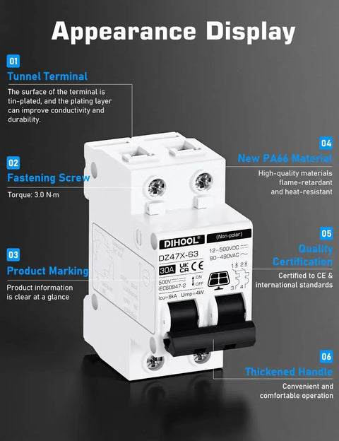 30 Amp Two Pole Solar Disconnect Switch With DIN Rail Mount for 12V 24V 48V AC DC systems front view