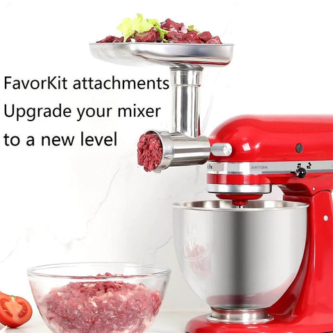 FavorKit attachment on a red stand mixer grinding meat and vegetables into a bowl, showcasing upgrade potential.