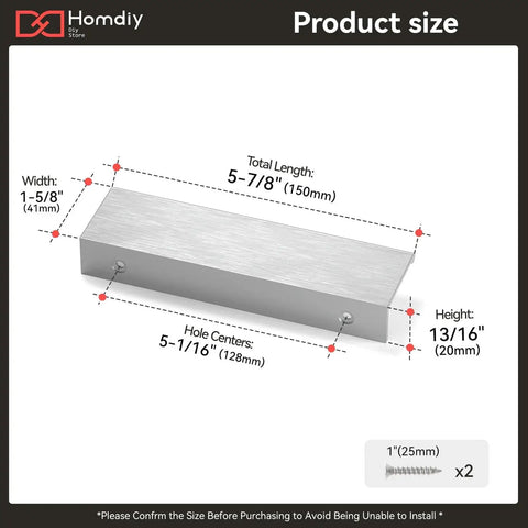 Product size dimensions of Brushed Nickel 10 Pack 5 Inch Edge Finger Cabinet Pulls Aluminum Alloy Hardware with installation details.