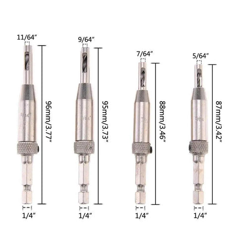 HSS Self Centering Hinge Tapper Core Drill Bit Set Four Piece One Quarter Inch Quick Change Hex Shank Bits With Automatic Center Punch For Wood Door And Window, shown with size measurements.