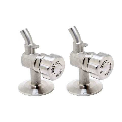 Two QiiMii 1.5'' SS304 stainless beer sampling valve clamps with base mounts, front view