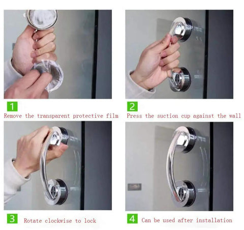Step-by-step installation of Strong Suction Cup Handle for glass doors and cabinets, showcasing seamless adhesion and modern design.
