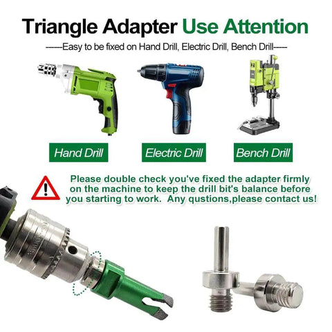 Pro Grade Diamond Core Drill Bits Kit For Tile And Stone image showing triangle adapter for various drills