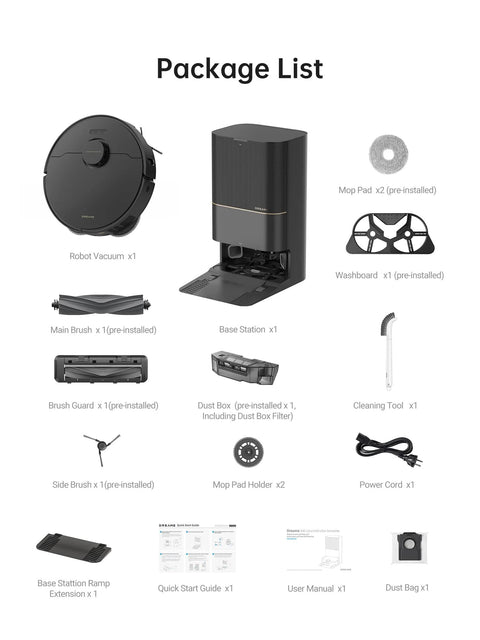 Dreame X40 Ultra: robot vacuum, base station, mop pads, washboard, dust box, power cord, quick start guide.