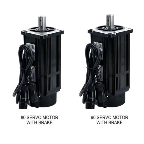Front view of two servo motors with brakes, 80ST and 90ST models, black ribbed housings with cables attached.