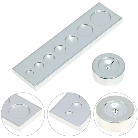 All In One Craft Tool Die Punch Snap Kit Rivet Setter with base, showing multi-size punch holes and setter base, solid metal construction