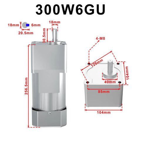 Diagram of Beefy 300W 110V AC Gear Motor With 1To18 Reduction, showcasing dimensions and 18mm output shaft, ideal for production line machinery.