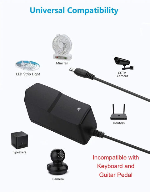 9V DC Power Supply 1A With Dual Barrel Plugs shown with compatible devices like mini fan, LED strip, camera, and router.