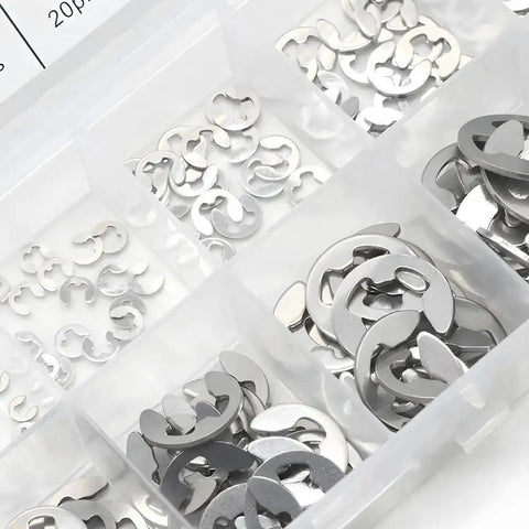 304 Stainless Steel E Clip Retaining Ring Set, 200 Pcs All In One Kit M1.5 To M10 External Rings sorted in storage box compartments.