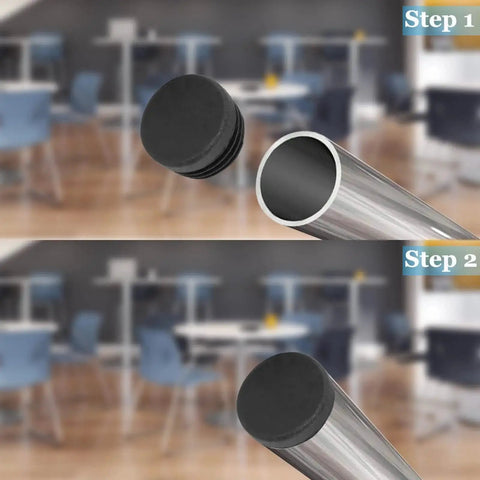 Installation steps of 12 Pcs Round Plastic Hole Plugs 25mm Black End Caps For Tubing Glides on table leg, showing before and after.