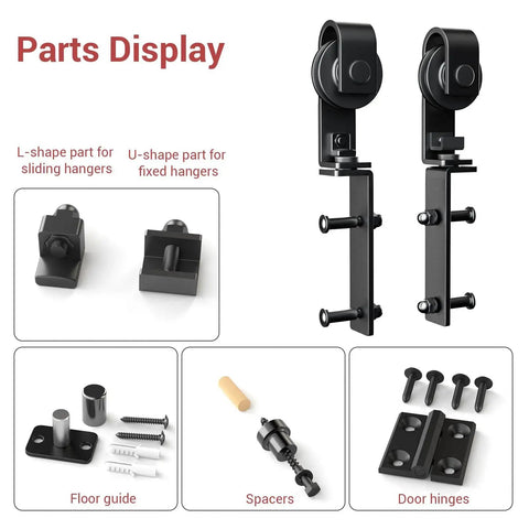 Bi Folding Barn Door Hardware Kit 5ft 60 Inch Sliding Track For Four Doors Heavy Duty Carbon Steel Frosted Black Finish Rust Resistant Hardware Only No Wood Door Included With Mounting Hardware parts display with rollers, floor guide, spacers, and door hinges.