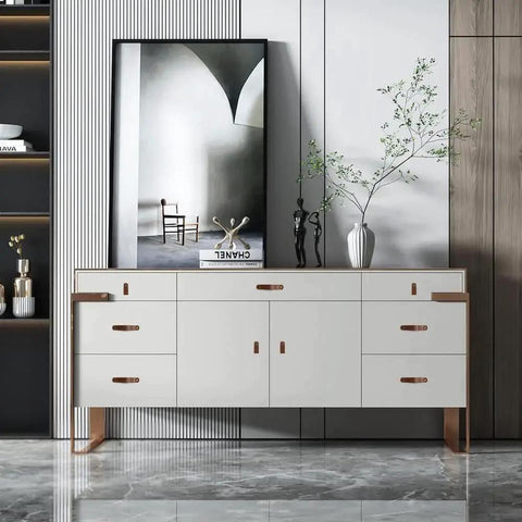 White dresser featuring Six Piece Leather Drawer Pulls Set In Brown With Gold Rivet Screws, 4.72 Inch Soft Cabinet Dresser Handles.