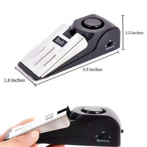 Door Stop Alarm 120dB Security Floor Wedge Door Stopper For Travel Home Pack 2, black and silver with sensitivity dial, dimensions shown