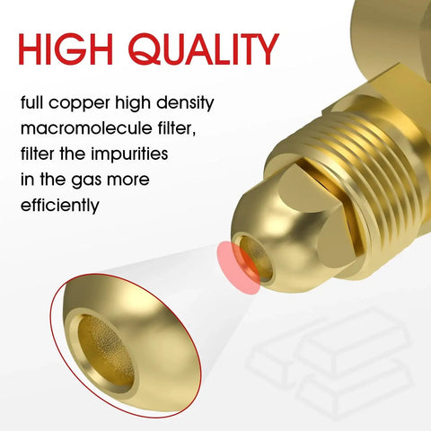 Close-up of Argon CO2 MIG TIG Flow Meter Gas Regulator Gauge with CGA 580 Inlet Nut, highlighting copper filter for impurity removal.
