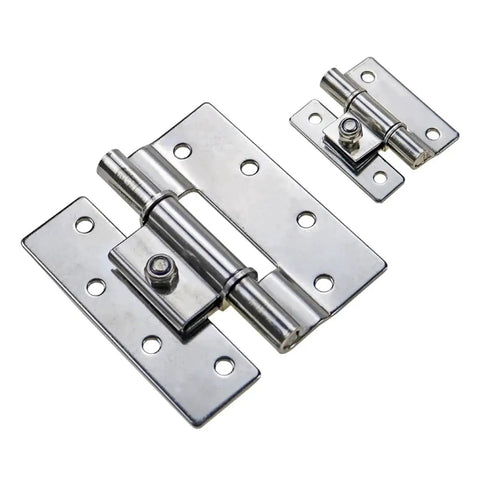 Angled view of two stainless steel adjustable torque hinges for industrial equipment, Amazon brand.
