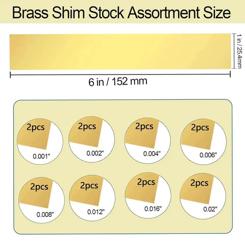 Brass Shim Stock Assortment Set For DIY Pros, 6 inch by 1 inch, 0.001 to 0.02 inch thickness, 16 pieces, size chart shown.