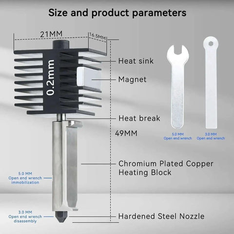 Technical diagram showing the dimensions and components of the A1 Mini and A1 Hotend Print Head Kit With 0.2mm 0.4mm 0.6mm Nozzles.