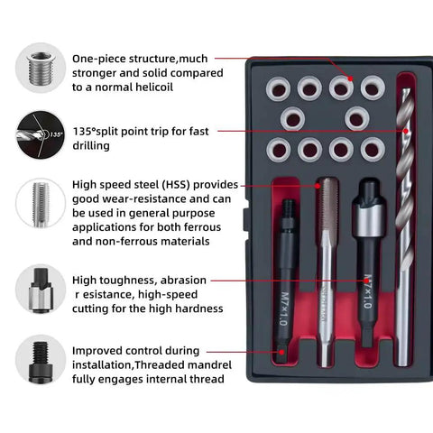 Stainless Steel M7x1.0 Thread Repair Kit With Inserts, Drill, Tap, Counterbore And Installation Driver, 10 Pieces in packaging