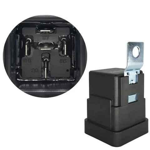 Close-up of a 24 Volt Thirty And Forty Amp SPDT Automotive Relay Kit Waterproof Five Pin, showing metal connectors and black casing.