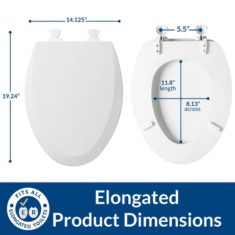 Dimensions of Lift Off Wood Elongated Toilet Seat With Easy Clean Hinges Cotton White shown in diagram.