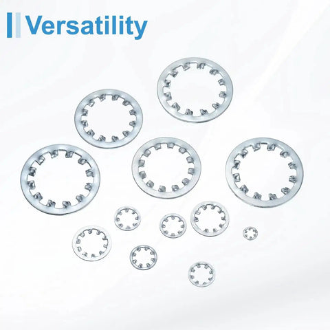 Assorted sizes of Three Quarter Inch Internal Tooth Lock Washer Set, 304 Stainless, silver tone against white background.