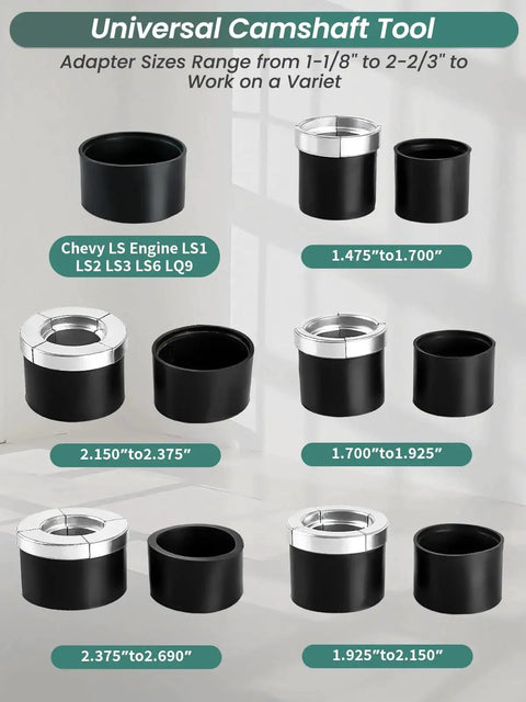 Cam Bearing Removal And Installation Tool Kit with 1-1/8 to 2-2/3 Inch Adapters, shown with size labels and compatibility description