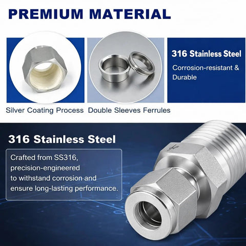 VALVENTO 2-pack 316 stainless steel compression tube fittings, 1/2 in OD x 1/2 in NPT male adapters with double ferrules