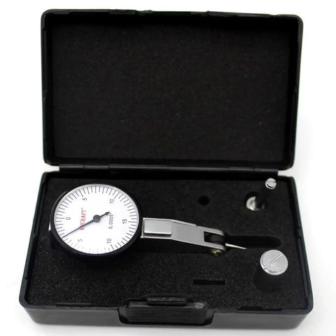 Pro Grade Dial Test Indicator KHCRAFT 0 To 0.03 Inches Range With 0.0005 Inch Graduation in open black case with accessories.