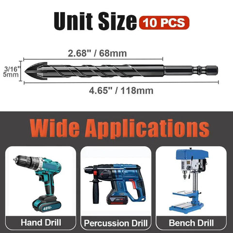 Masonry Drill Bit Set Three Sixteenth Inch Ten Piece Beefy Heavy Duty Tungsten Carbide Concrete Drill Bits With Hex Shank Four Cross Edge And Spear Point For Tile Ceramic Glass Cement Metal Porcelain By AverZella shown with various drills and measurements.